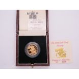 A 1992 proof gold sovereign in case, with certificate, weight approx 8 grams, un-circulated