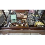 A large collection silver plate and table knives cased cutlery, hip flask etc