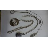 A silver locket on chain, a Denmark white metal pendant on chain, another pendant on chain and a