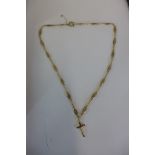 A 9ct yellow gold crucifix on chain, 61cm long, approx 21.4 grams, with a base metal clasp, safety