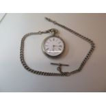A longines plated pocket watch, 5cm wide with exposed movement on a 43cm silver chain, ticks but