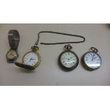 An interesting pocket watch with reverse stopwatch, running 5cm wide, 2 other pocket watches and a