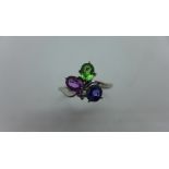 A 14ct white gold, blue, pink and green sapphire and diamond ring size N - marked 585 - in good