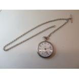 An Omega silver pocket watch, 4.5cm wide on a 47cm long chain, running in generally good condition.