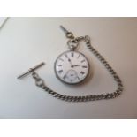 A silver pocket watch with a fusee movement 4.5cm wide with a silver 25cm chain in generally good