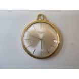 A longines 9ct gold slim pocket watch 4.2cm wide, manual wind, approx 32.5gs running in generally