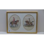 A double framed watercolour of 2 cavalry officers on horseback, 1st Dragon Guards and 14th Hussars