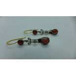 A pair of 9ct yellow gold (tested) Art Nouveau Cabochon garnet and diamond earrings - 4cm long -