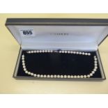 A string of pearls, 43cm long, with a 9ct white gold clasp, pearls approx 5mm