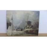A Dutch school oil on board frozen river scene, initialled WMN 36 x 47cm with staining to left side,