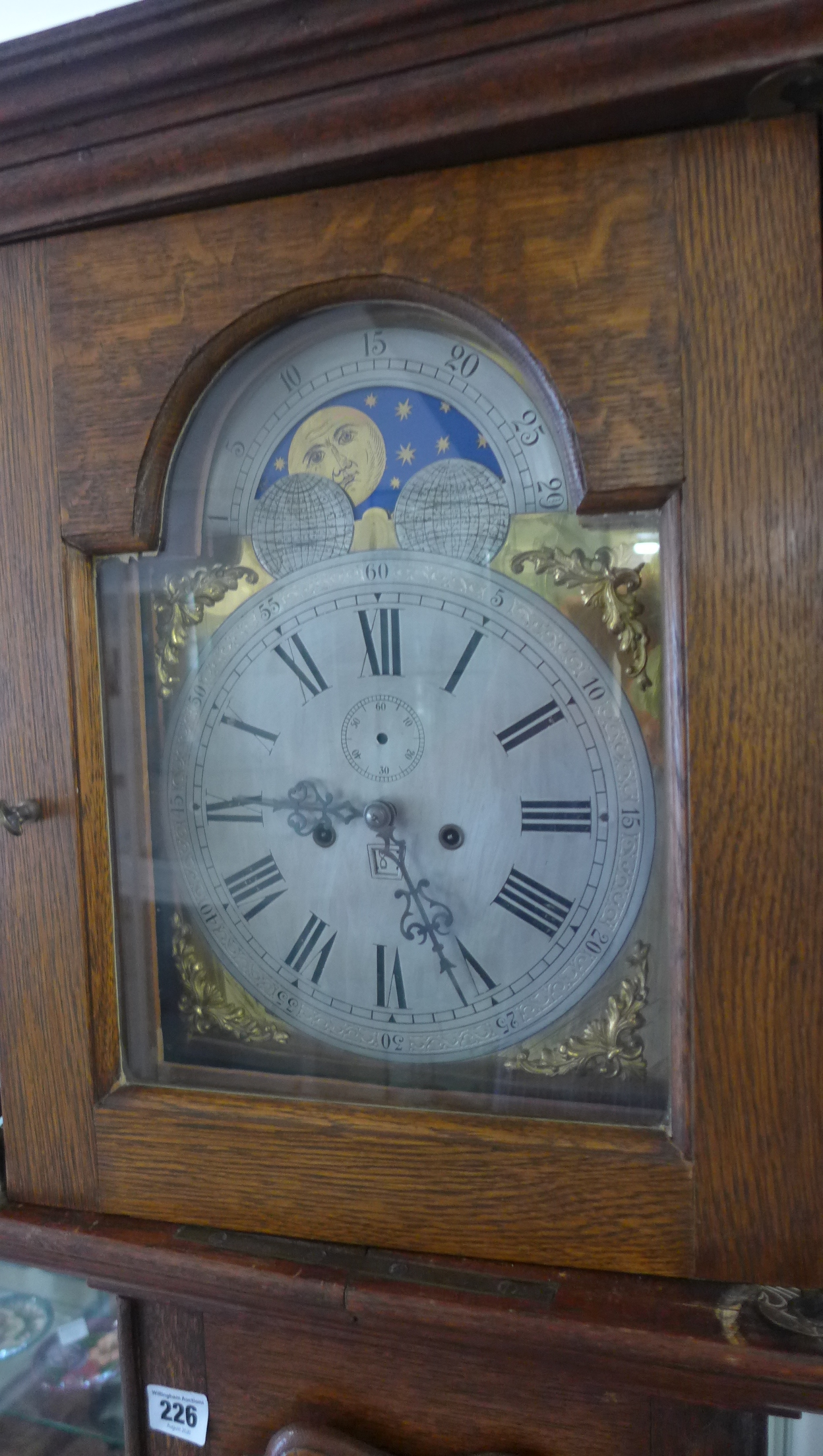 An oak longcase 8-day striking clock with moonphase dial Gustav Becker movement 188cm tall in need - Image 2 of 4