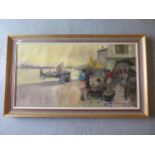 Oil on canvas of a harbour scene signed G Ruggari. 62cm x 107cm in good condition
