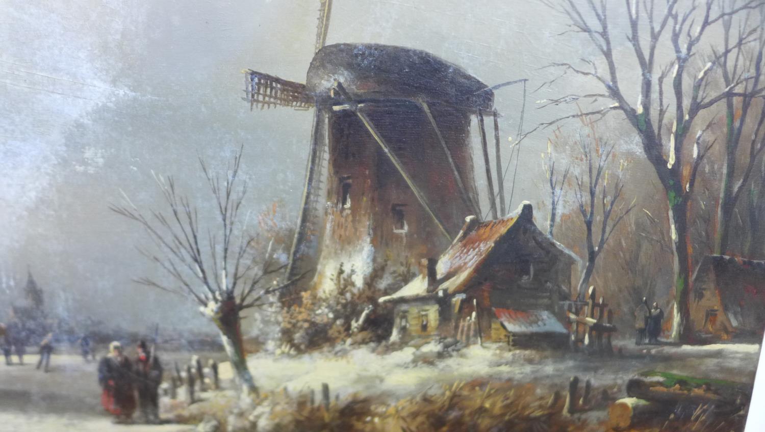 A Dutch school oil on board frozen river scene, initialled WMN 36 x 47cm with staining to left side, - Image 3 of 7