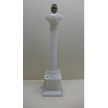 A white marble/alabaster column table lamp 50cm tall, small chips but generally good, needs rewiring