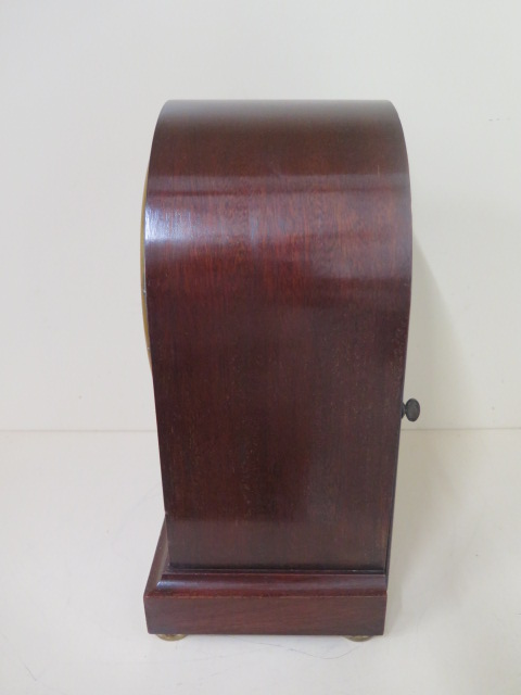 A mahogany 3 train striking and chiming mantle clock, 36cm tall running and chimes - no key - case - Image 2 of 3