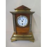 A J W Benson brass and copper mantle clock with an enamelled dial. 26cm tall, missing pendulum,
