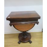 A good 19th century Rosewood games/work table with a foldover chess top above a drawer and basket on