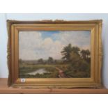 An oil on canvas landscape with a couple to foreground initialled LR in a gilt frame 56x76cm