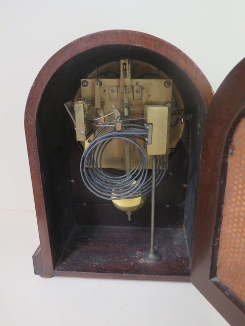A mahogany 3 train striking and chiming mantle clock, 36cm tall running and chimes - no key - case - Image 3 of 3