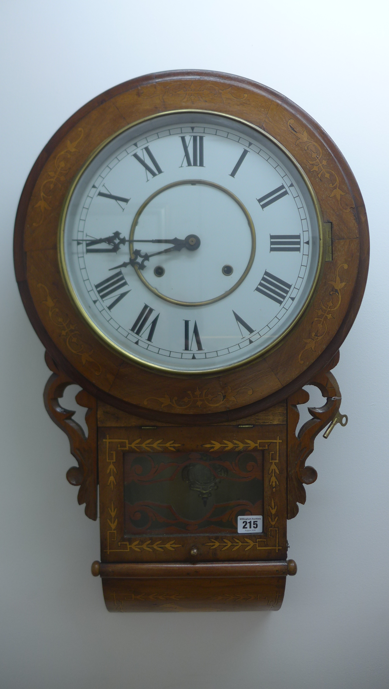 An 8 day American wallclock drop case with inlay of flowers and animals, running in saleroom, 74cm