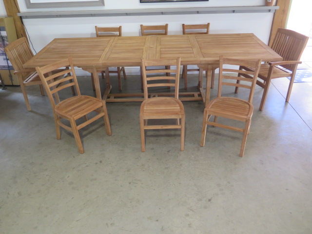 New boxed teak. Extending dining table with 2 fold out leaves. Extends from 186 cm to 297 cm x 110