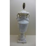 A white marble/alabaster urn and swan shaped table lamp, 56cm tall, minor chips but generally