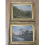 A pair of oil on canvas landscape and river scenes initialled LR in gilt frames, 44 x 54cm