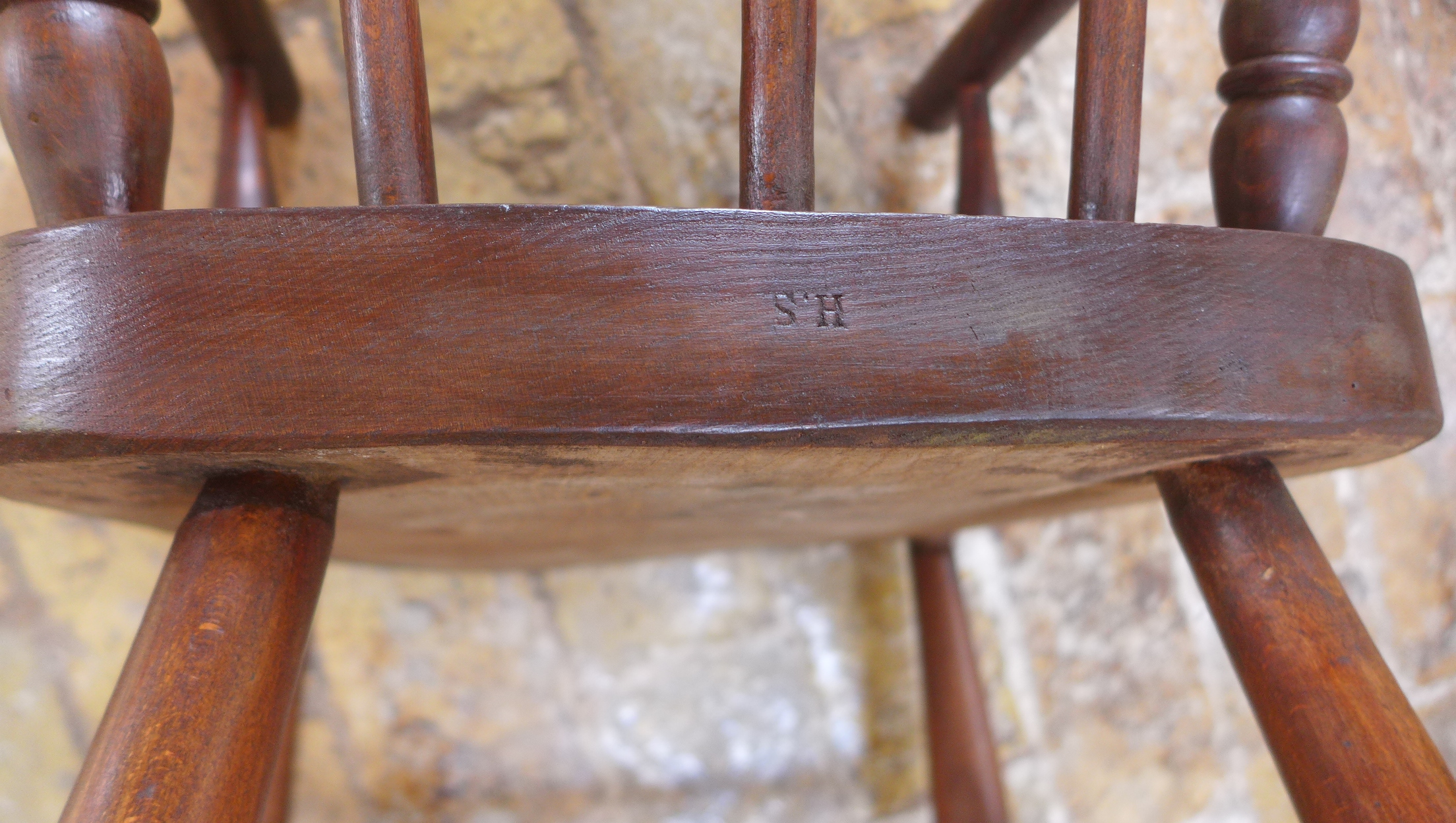 A child's ash and elm armchair, initialled SH, 64cm tall in good condition with some old traces of - Image 2 of 3