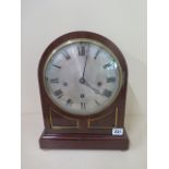 A mahogany 3 train striking and chiming mantle clock, 36cm tall running and chimes - no key - case