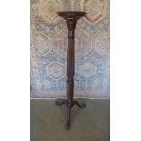 A mahogany torchere on a carved tripod base with ball and claw feet. 134 cm tall