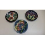 3 moorcroft pin dishes, 12cm diameter, all good condition