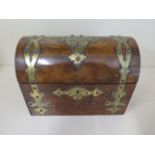 A good Victorian brass bound walnut 2 section dome top tea caddy 17cm tall, 23cm x 13cm some wear