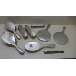 2 silver backed part dressing table sets, 8 pieces, general wear and dents consistent with usage