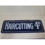An enamel haircutting and chiropody double sided sign. Generally good condition with some enamel