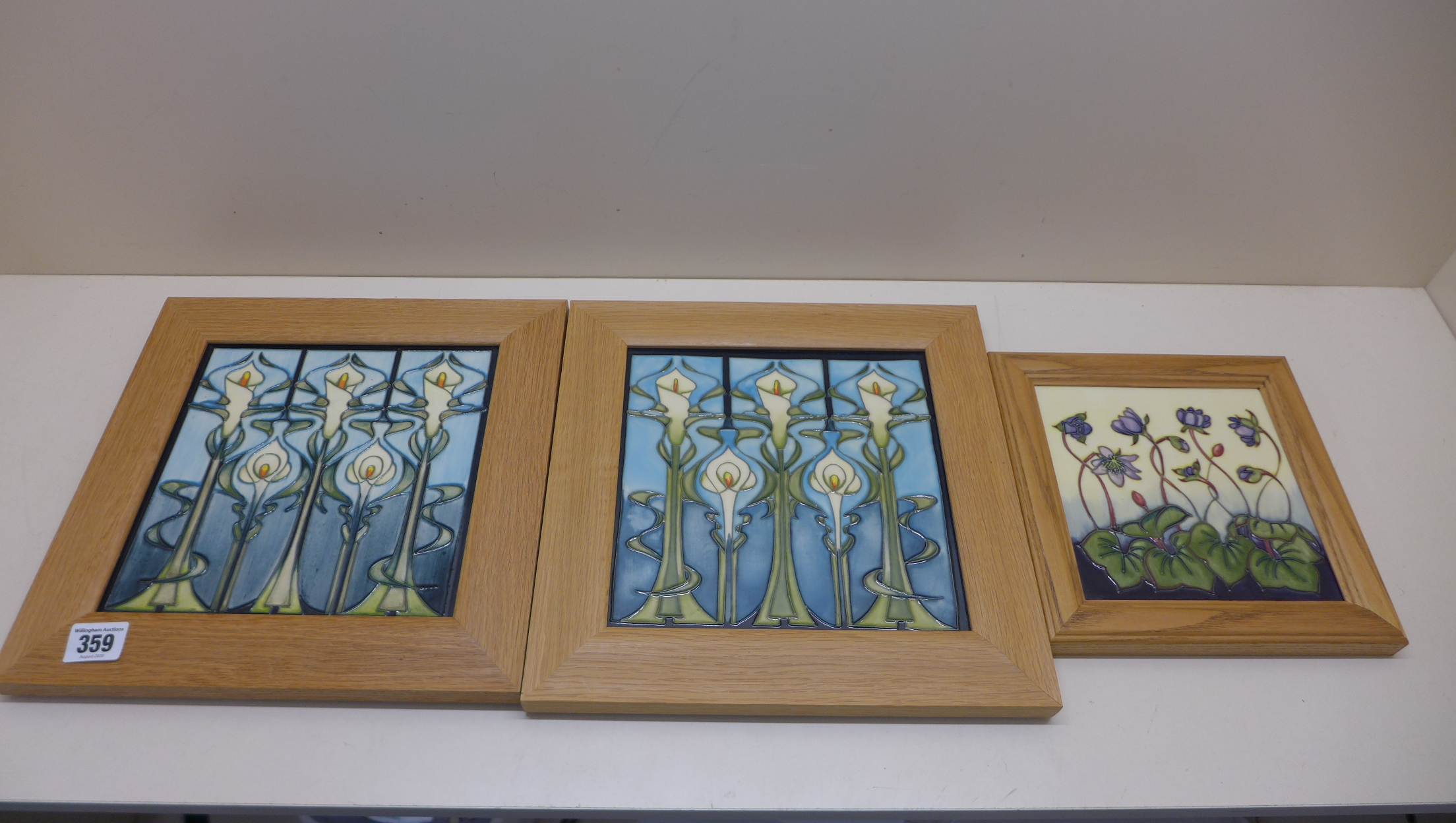 3 x wooden framed Moorcroft tiles 29 x 29cm and 21 x 21cm