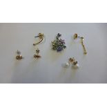 A hallmarked 9ct white gold multi gem pendant, 2.5cm x 2cm, and 2 pairs of 9ct gold earrings and