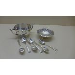 An eastern silver dish, marked sterling silver, a silver twin handled sugar bowl and 6 silver