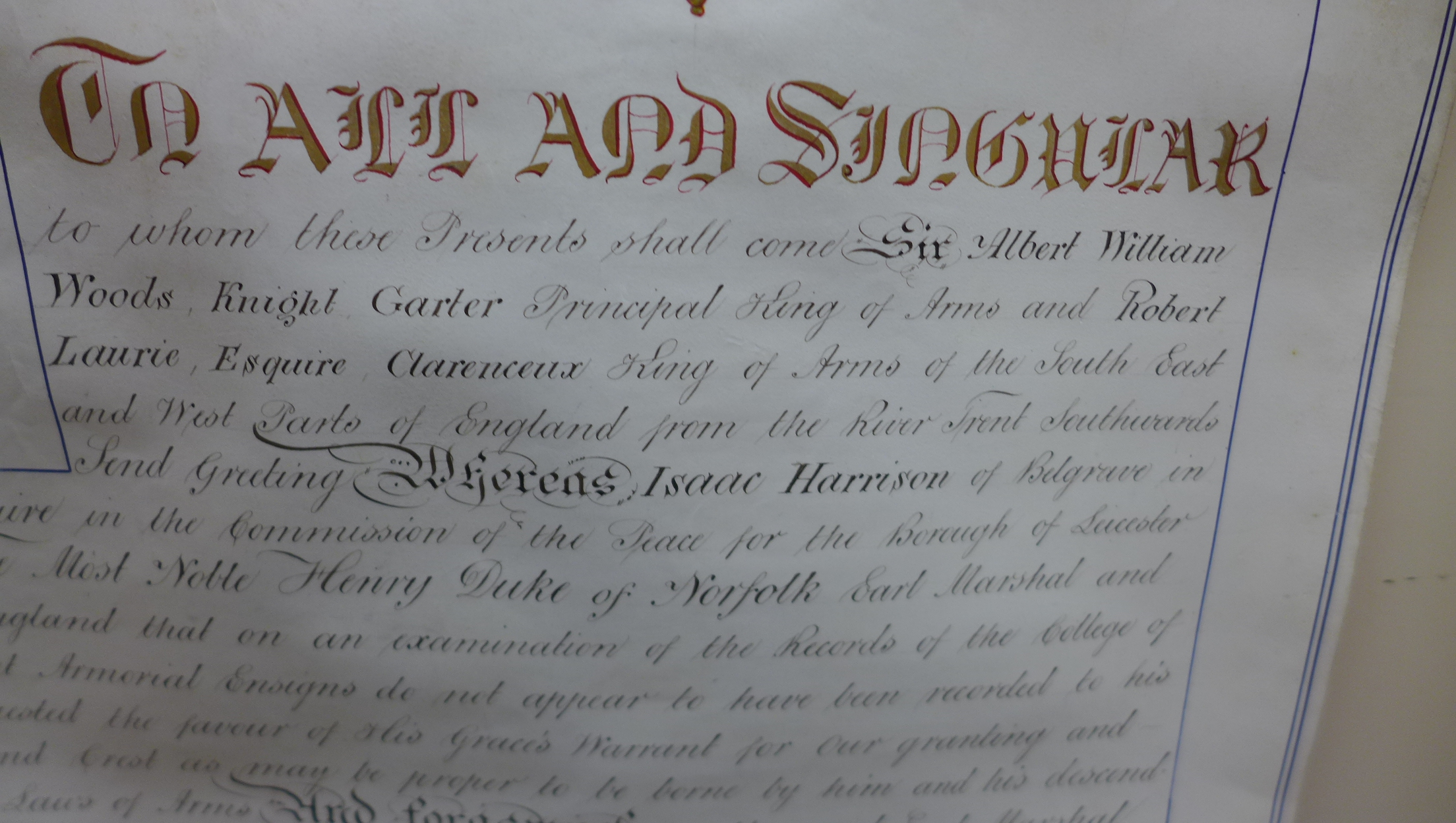 A Victorian patent of arms to Isaac Harrison of Belgrave dated 21.1.73 in its despatch box, scroll - Image 3 of 5