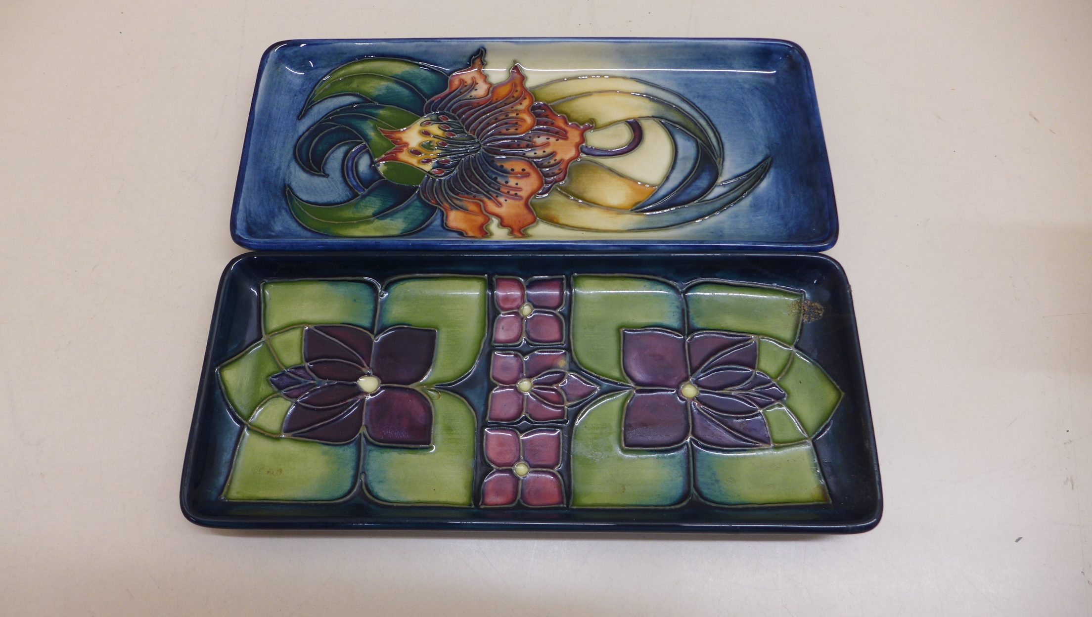 2 moorcroft oblong pin dishes 20 x 9cm, all good condition