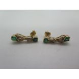 A pair of 18ct yellow gold, tested, emerald and diamond earrings, 25mm long, in good condition