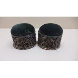 A pair of silver needle boxes with pin cushion tops. London 1888/89. Maker TW. Total silver weight