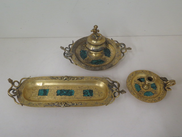 A 19th/20th century ormulu and malachite 3-piece desk set with entwined serpent handles in