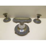 An ormulu 4 piece desk stand candlesticks 9cm tall with original bottle, all generally good