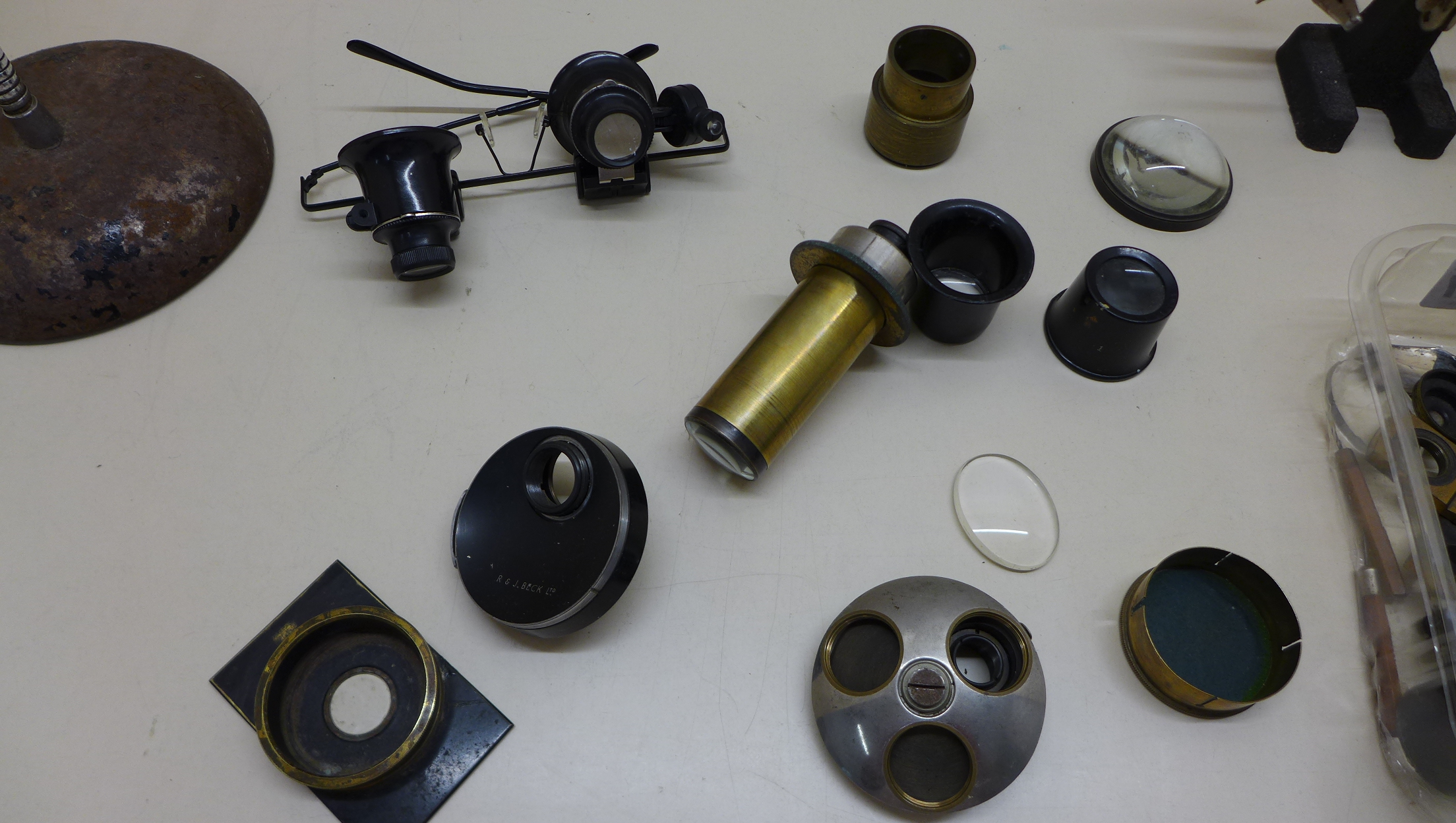 A collection of microscope accessories, mainly brass, together with various magnifying lenses and an - Image 3 of 3