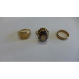 Three hallmarked 9ct gold rings, sizes L and O. Total weight approx 9.4 grams