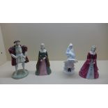 4 x coalport figures, Henry VIII, Jane Seymour, Catherine Parr and Miss 1920, all good