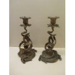 A pair of ornate ormulu acanthus leaf candlesticks, 25cm tall, generally good condition some