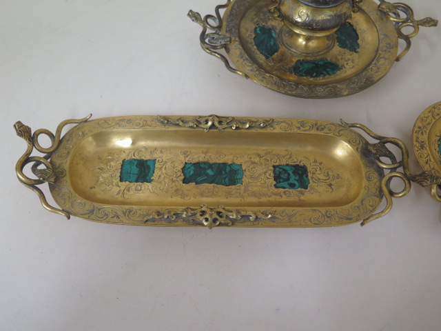 A 19th/20th century ormulu and malachite 3-piece desk set with entwined serpent handles in - Image 5 of 6