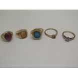 4 9ct gold rings approx 9.6 gs and an 18 ct ring missing stone approx 1.6 gs.