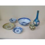 6 pieces of Oriental porcelain and ceramic, all good apart from yellow saucer, 15cm diameter,